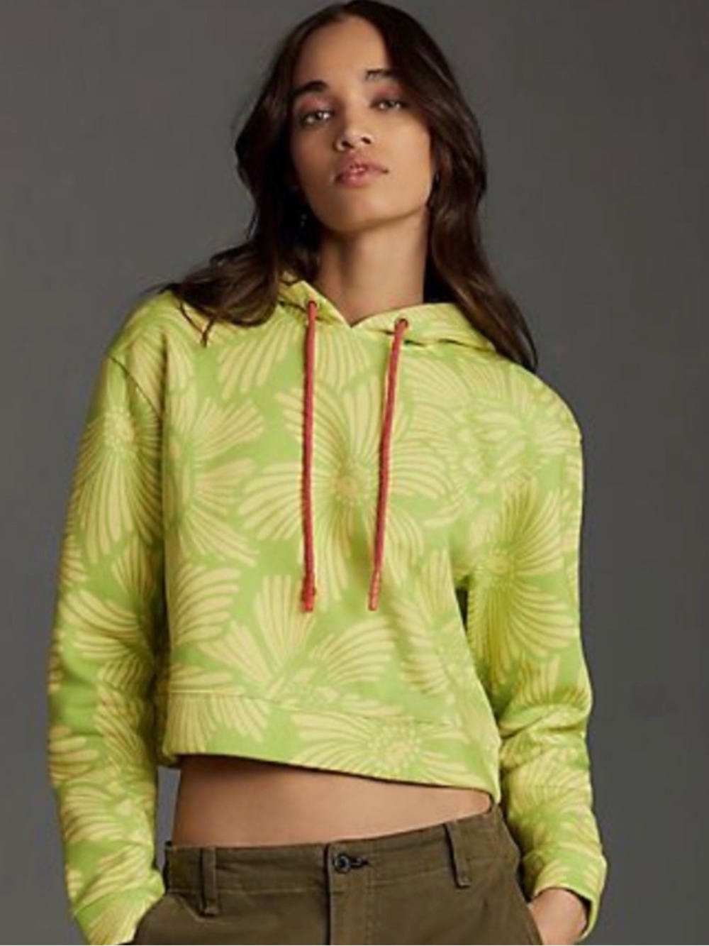 FARM Rio Lime Green Floral Cropped Hoodie with Coral Drawstrings